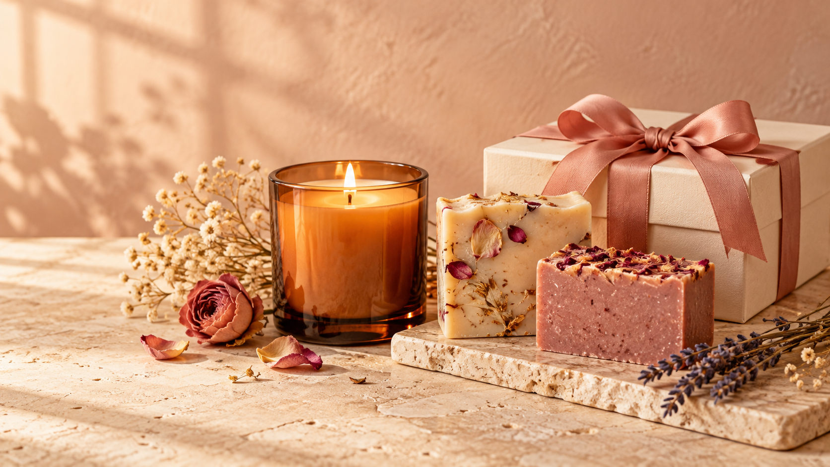 Scented candle, handmade soaps, and a thoughtfully wrapped gift set