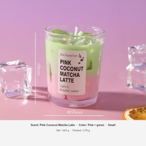 Pink Coconut Matcha Latte Jelly Wax Candle — Latte Cup Glass, Large & Small