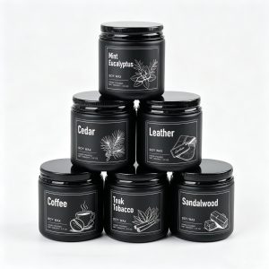 Men's Soy Candle Gift Set of 6 — Teak Tobacco, Coffee, Leather, Sandalwood, Cedar, Mint Eucalyptus, Black Glass Jars