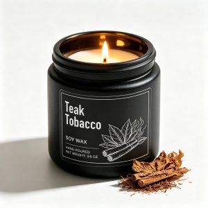 Teak Tobacco Soy Candle 100g — Men's Black Glass Apothecary Jar, Hand-Poured