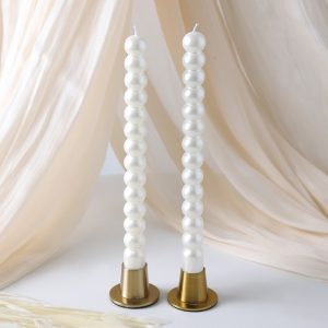 Pearl Beaded Taper Candles – White, Set of 2