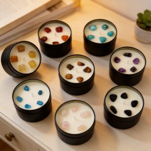 Lavender 3.5oz Gemstone Tin Soy Candle — Natural Soy Wax, Smokeless, Black Travel Tin