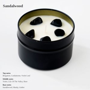 Sandalwood 3.5oz Gemstone Tin Soy Candle — Natural Soy Wax, Smokeless, Black Travel Tin