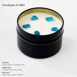 Mint & Eucalyptus 3.5oz Gemstone Tin Soy Candle — Natural Soy Wax, Smokeless, Black Travel Tin