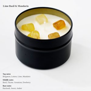 Lime Basil & Mandarin 3.5oz Gemstone Tin Soy Candle — Natural Soy Wax, Smokeless, Black Travel Tin