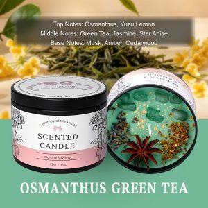 Osmanthus Green Tea 6oz Dried Flower Crystal Soy Candle — Natural Soy Wax, Black Tin with Lid