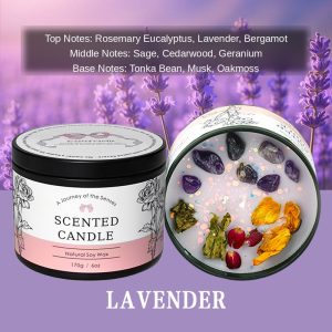 Lavender 6oz Dried Flower Crystal Soy Candle — Natural Soy Wax, Black Tin with Lid