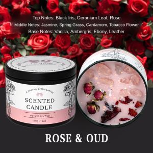 Rose & Oud 6oz Dried Flower Crystal Soy Candle — Natural Soy Wax, Black Tin with Lid