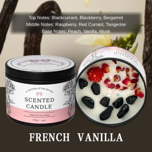 French Vanilla 6oz Dried Flower Crystal Soy Candle — Natural Soy Wax, Black Tin with Lid
