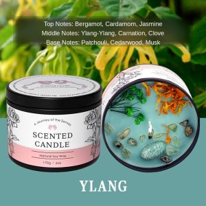 Ylang-Ylang 6oz Dried Flower Crystal Soy Candle — Natural Soy Wax, Black Tin with Lid