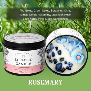 Rosemary 6oz Dried Flower Crystal Soy Candle — Natural Soy Wax, Black Tin with Lid