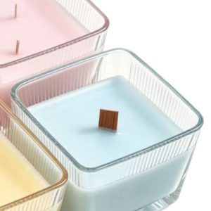 Square Ribbed Glass Cup Soy Candle — Iris Lake Blue · Hand-Poured Wooden Wick
