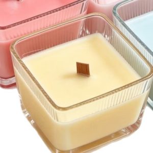 Square Ribbed Glass Cup Soy Candle — Rosewood Cream · Hand-Poured Wooden Wick