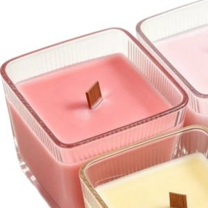 Square Ribbed Glass Cup Soy Candle — Rose Pink · Hand-Poured Wooden Wick